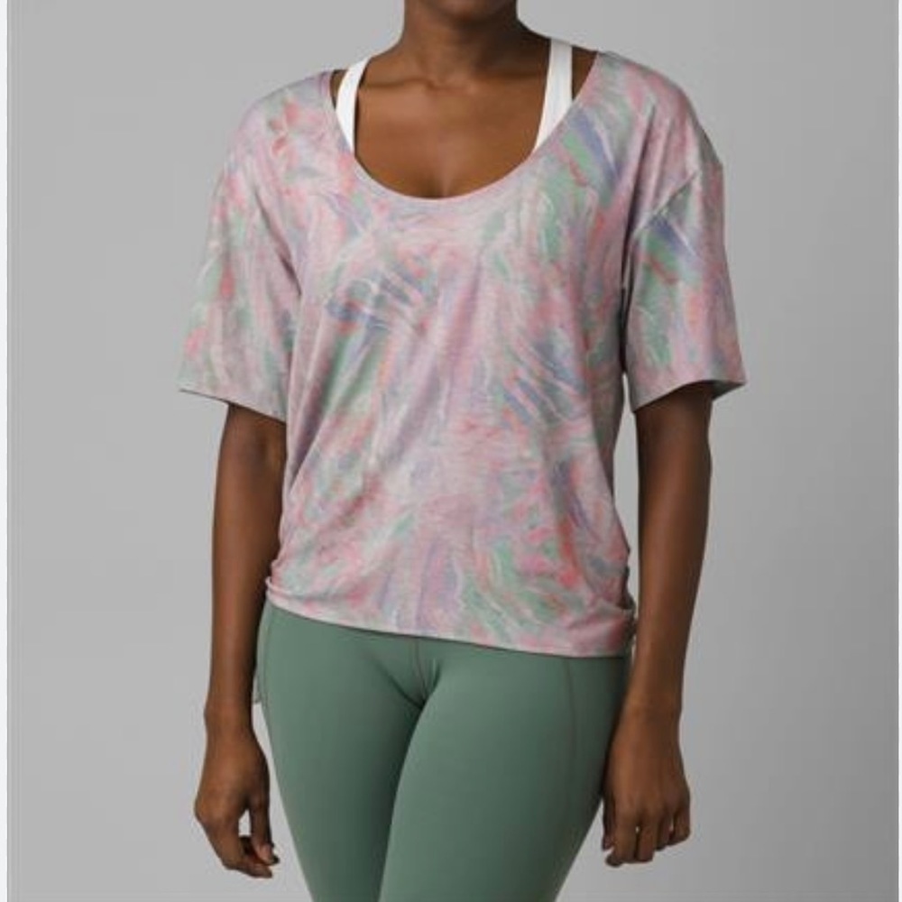 PRANA Women’s Gray Multicolor POLYJUNGLE Top Side Tie Scoop Neck Short Sleeve M